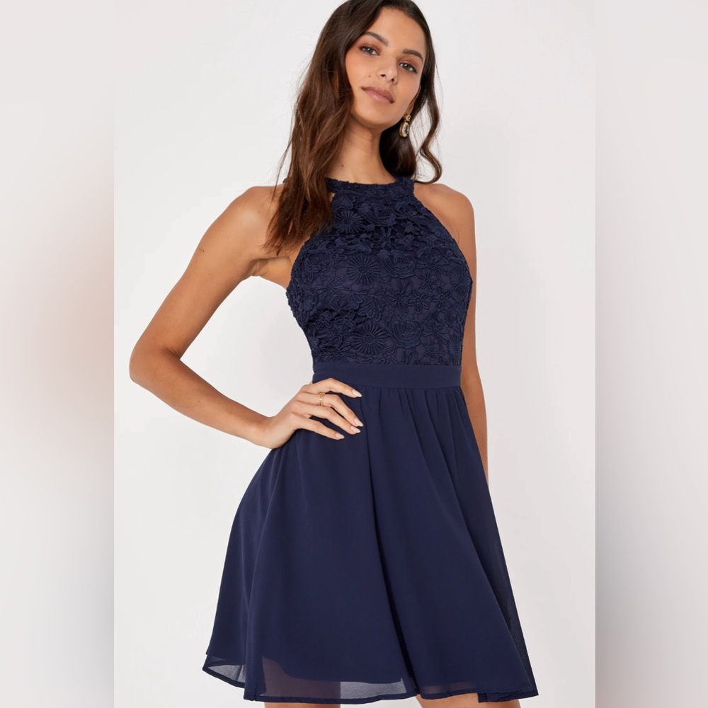Lulus Lover's Game Navy Blue Lace Skater Dress!